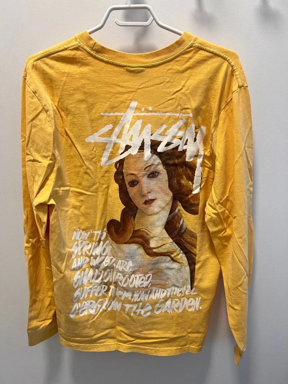 Stussy Yellow Crewneck Long Sleeve Tee with White Logo Tag - Picture 3 of 5